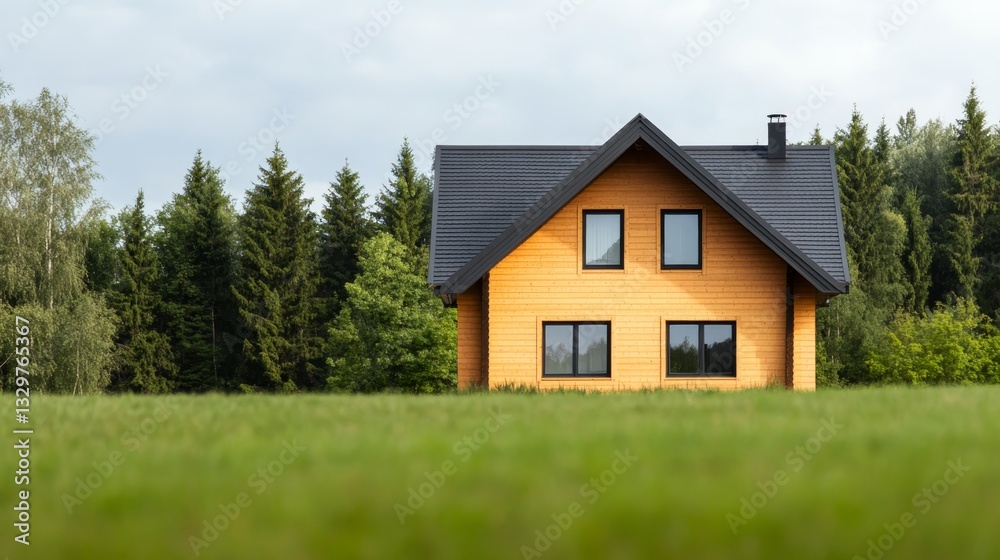 Charming wooden house under a vast sky surrounded by lush green trees and grassland Charming wooden house under a vast sky surrounded by lush green trees and grassland