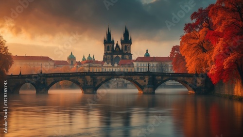 Fototapeta Naklejka Na Ścianę i Meble -  The River with the Tower in autumn