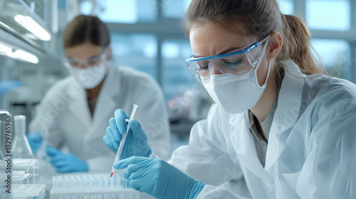 scientist in a lab coat, mask, and goggles carefully uses a pipette to add a liquid to a test tube. modern laboratory with another scientist in the background.