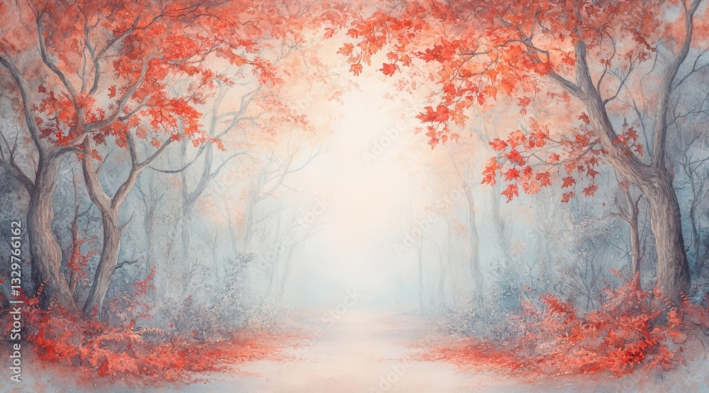 A serene forest path covered with vibrant red and orange leaves leads through trees shrouded in morning mist. The ethereal light creates a peaceful atmosphere perfect for reflection A serene forest path covered with vibrant red and orange leaves leads through trees shrouded in morning mist. The ethereal light creates a peaceful atmosphere perfect for reflection