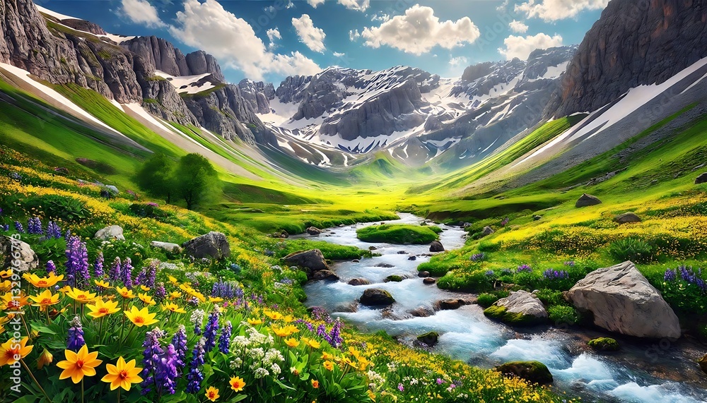 Fototapeta premium Majestic mountain landscape with a serene lake, lush greenery, and blooming wildflowers during a bright sunny day.Generative AI