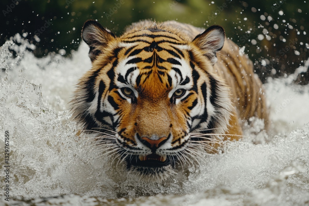 Obraz premium Powerful Siberian Tiger Charging Through Water, Face-to-Face Encounter / Close-Up of a Fierce Siberian Tiger / Fearless Siberian Tiger Sprinting in Water, Intense Eye Contact / Fearless Tiger.