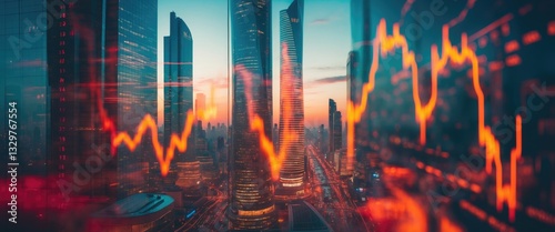 Digital indicators and falling graphs of a market crash superimpose a modern scene. Concept of a market crash in double exposure.