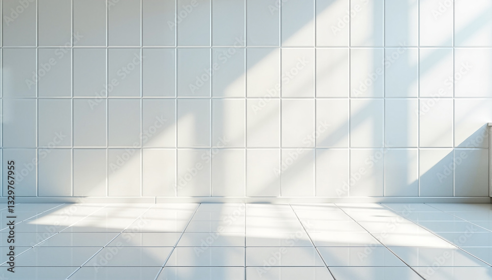 Obraz premium Bright white tiled wall with sunlight shadows