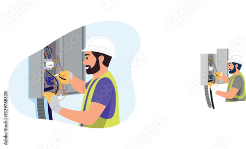 Vector illustration of electrician specialist. Cartoon scene of electrician repairing wires in meter, in protective gloves, holding pliers, dressed in vest, helmet isolated on white background.