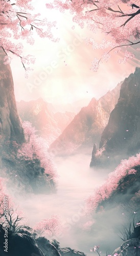 Pink pastel mystical foggy forest background phone hd wallpaper, fantasy Japanese landscape with sakura trees, misty mountains, and soft pastel tones in a dreamy digital art style