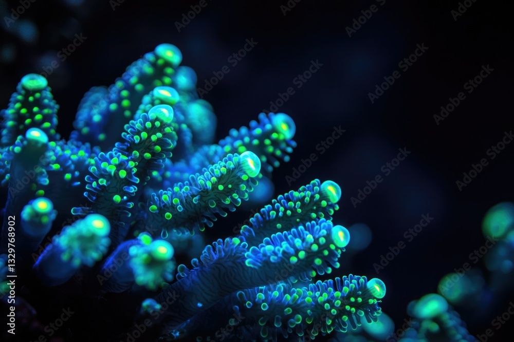 Vibrant blue and green coral polyps glow under water, showcasing intricate details in a dark underwater scene. Vibrant blue and green coral polyps glow under water, showcasing intricate details in a dark underwater scene.
