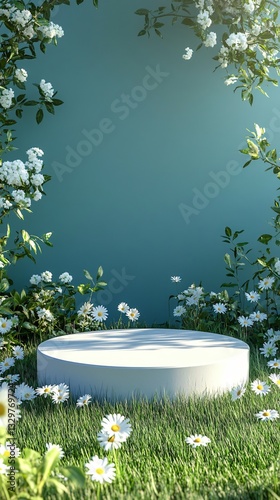 white podium  with daisies and grass
