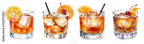 PNG Set of Old Fashioned cocktails with ice cubes, orange slice. Watercolor illustration of a classic whiskey drink with artistic splash effect. Beverage art for menu and print.

