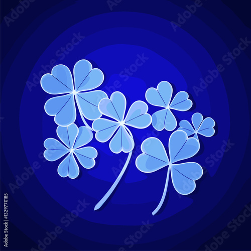 A mesmerizing arrangement of softly glowing blue clovers on a deep blue background, creating a dreamy