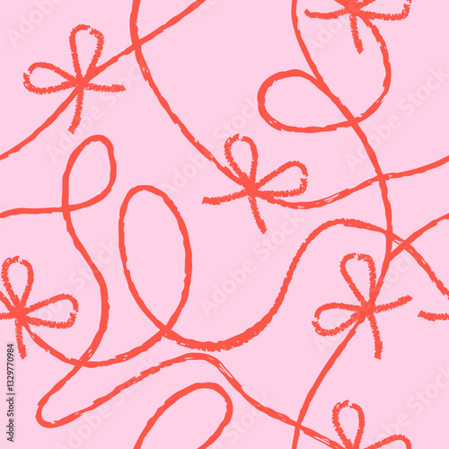 Pink and red colors seamless pattern with loops gift bow ribbon. Vector pencil or chalk hand drawn background with rope
