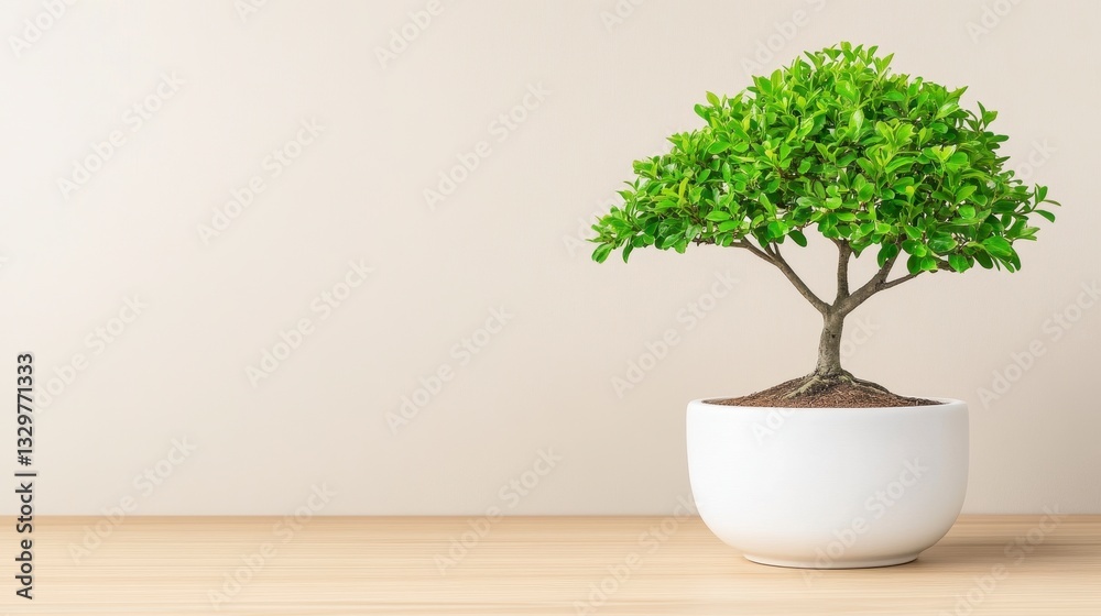 Fototapeta premium Green Bonsai Tree in White Pot on Wooden Table Against Beige Background
