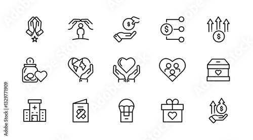Charity and donation line icons set. Donate, charity, Giving, community, solidarity, trust, social care, NGO, helping hands, partnership, and help icon collection. Nonprofit organization icons