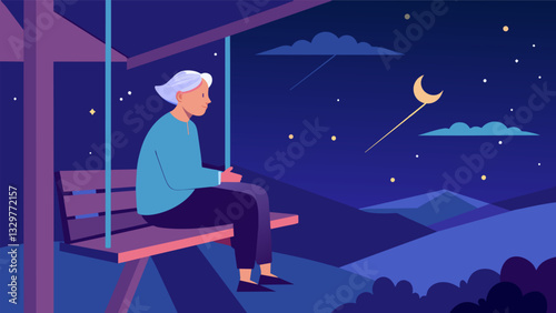 A senior citizen sitting on a porch swing gazing up at the stars and reminiscing on their life experiences finding comfort and reassurance in the continuity of the night sky.. Vector illustration