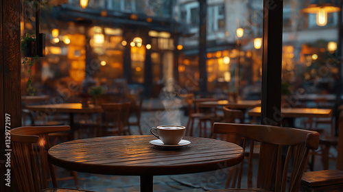 Cozy Outdoor Café Table with Coffee Cup on a Rainy Evening, Warm Atmosphere and Soft Lights in a Romantic European Street Setting, Concept of Solitude, Relaxation, and Autumn Mood photo