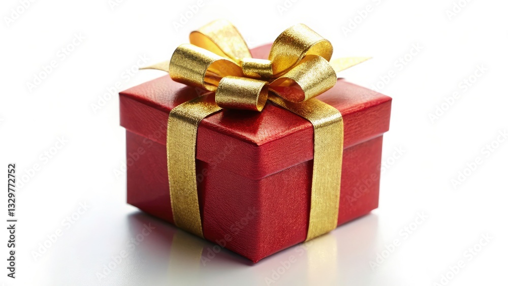 Obraz premium Red Gift Box Gold Bow Tilt-Shift Miniature Photography White Background Festive Holiday Present
