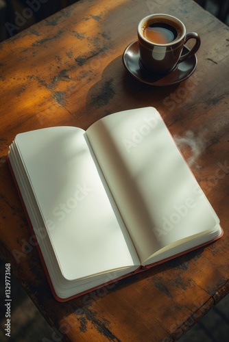 Top view of an open notebook with blank pages beside a cup of coffee on a wooden table, prepared for adding text or a mockup.