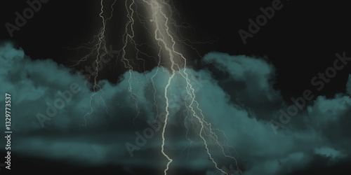 Mountainous Cumulus Clouds Boiling in the Summer Sky. White cloudiness, mist or smog overlay backgrounds. Wide sky and clouds dark tone. Dark cloud at evening sky with thunder bolt.