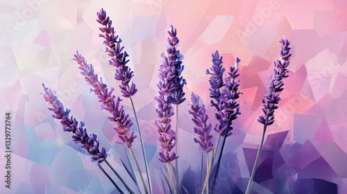 Lavender illustration with geometric patterns, contemporary art style, soothing colors