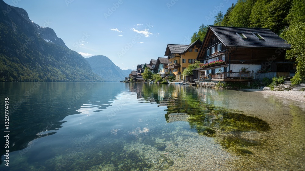 Fototapeta premium Tranquil lakeside reflection hallstatt austria scenic photography serene environment natural beauty