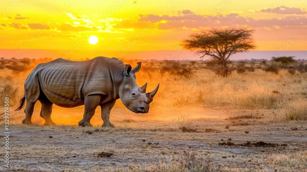Fototapeta premium Twilight safari adventure rhinoceros in the serengeti wildlife photography nature's beauty captivating scene