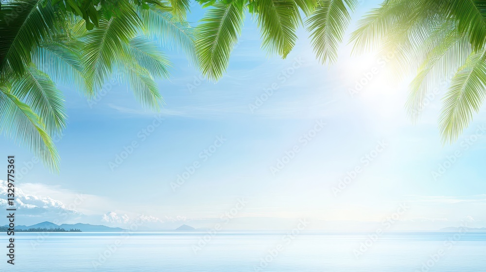 Fototapeta premium Tropical paradise, idyllic beach with palm trees and golden sunshine sunkissed