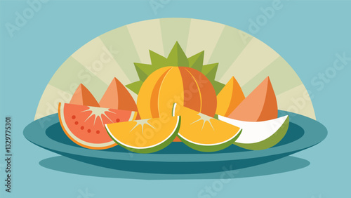 An elegant fruit tray featuring wedges of cantaloupe honeydew melon and pink gfruit arranged in a sunburst pattern.. Vector illustration