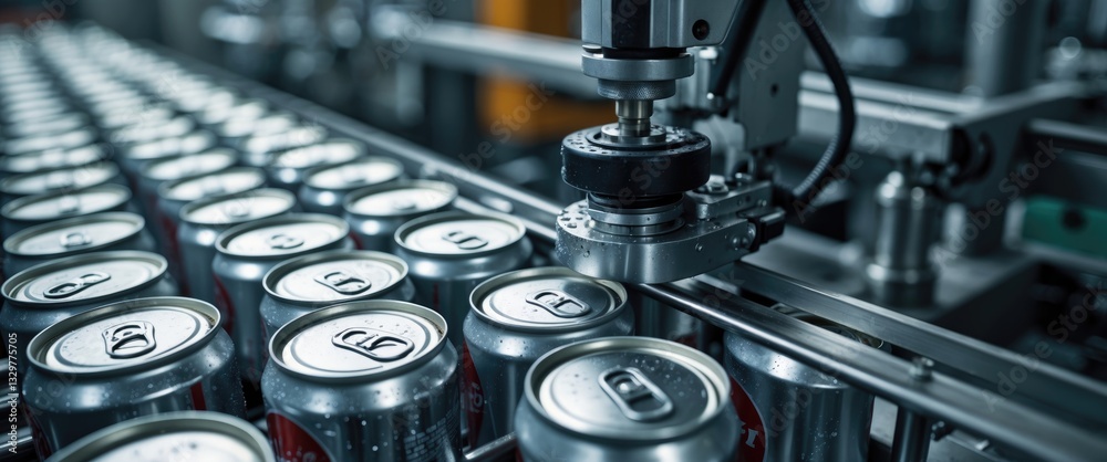 Fototapeta premium The procedure of sealing beer cans on the conveyor. An automated machine places the lids on the cans.