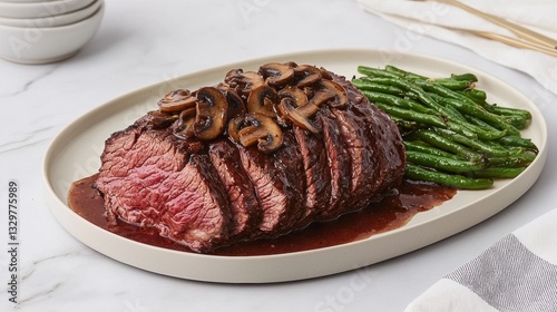 Slow roasted top round beef with rich mushroom sauce