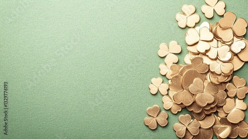 Gold shamrocks scattered on green background, copy space, St. Patrick's Day