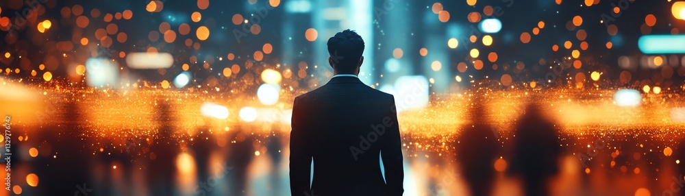 Man in city lights, future concept Man in city lights, future concept