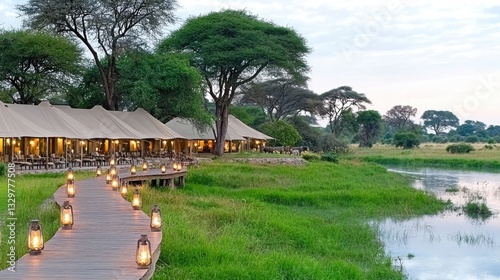 Luxurious tents in a scenic safari lodge by the water nature outdoor tranquil panoramic view