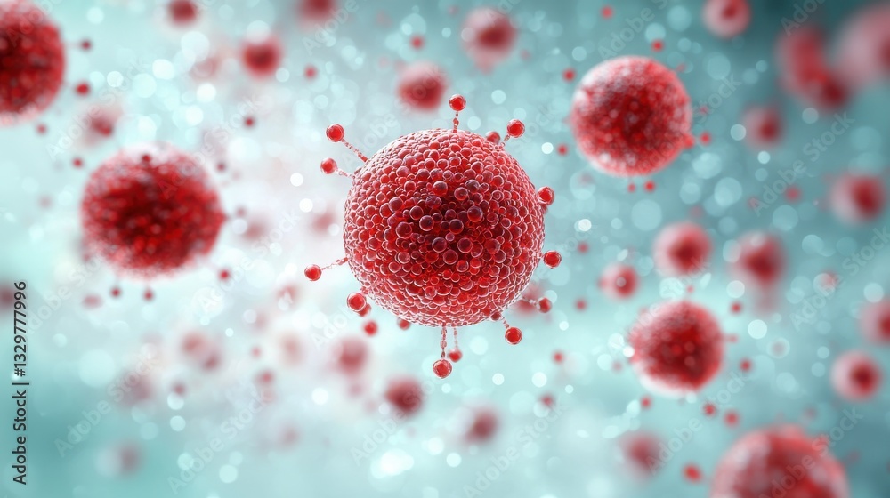 Fototapeta premium Resveratrol Concept. Microscopic view of red virus cells on a light background.