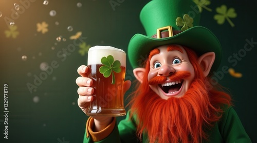 Cheerful leprechaun character toasting with beer on green background