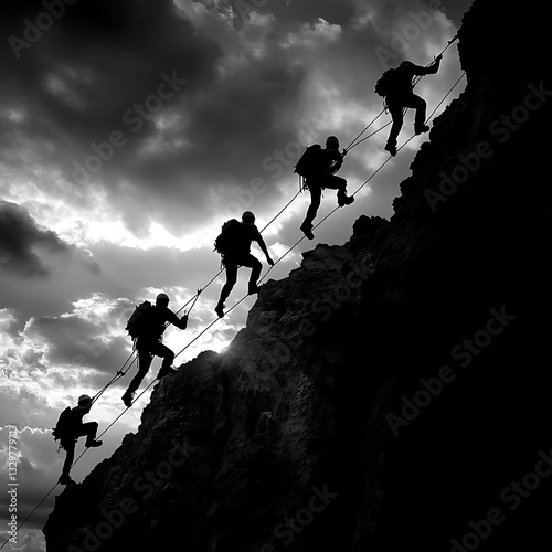 Silhouetted climbers ascending a steep rock face.