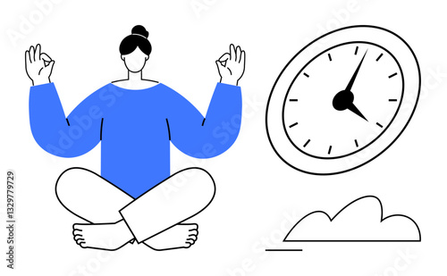 Person in lotus pose practicing mindfulness alongside a clock emphasizing time management. Ideal for productivity, meditation, balance, self-care, mental health, relaxation, and focus. Flat simple