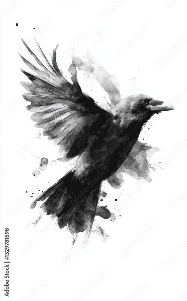Fototapeta premium Black and White Artistic Illustration of a Flying Bird in Watercolor Style