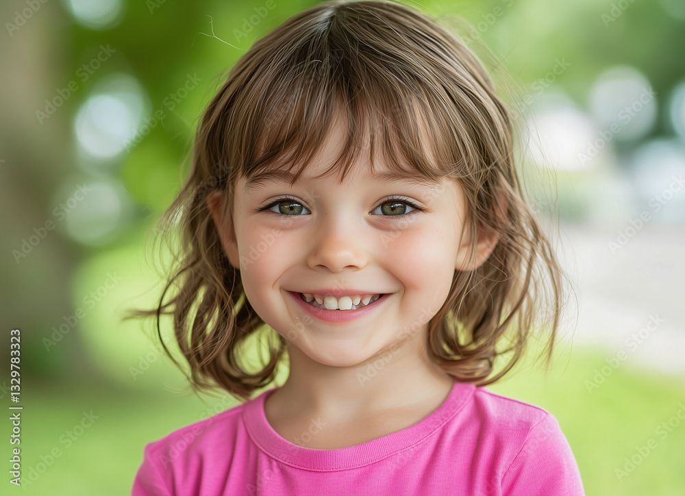 A cheerful young girl with short brown hair smiles brightly while standing outside. The vibrant green background enhances her youthful energy and joyful personality. A cheerful young girl with short brown hair smiles brightly while standing outside. The vibrant green background enhances her youthful energy and joyful personality.