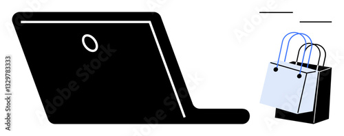 Laptop open alongside shopping bags emphasizes e-commerce, digital transactions, and consumer convenience. Ideal for online shopping, digital marketing, retail sales, technology usage, ecommerce