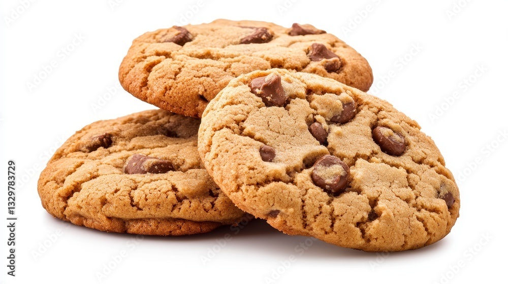 Three Golden Brown Chocolate Chip Cookies on White Background
