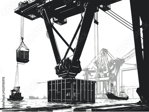 Vector illustration of a shipyard with cranes heavy machinery and equipment. Industrial Shipping Scene with Cranes and Cargo Containers