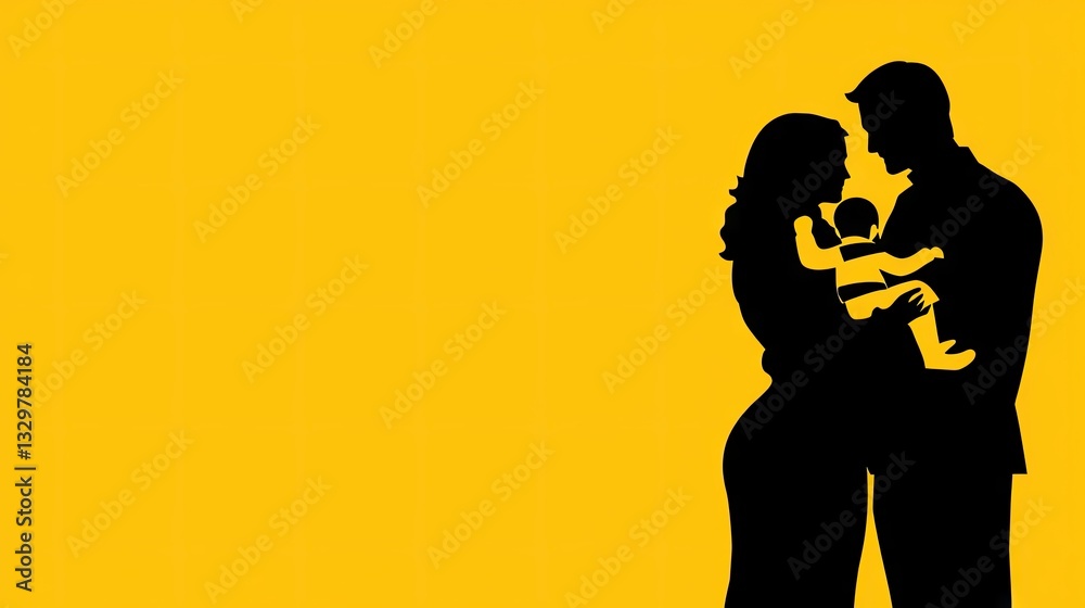 Happy family silhouette, baby, love, yellow background, parenthood Happy family silhouette, baby, love, yellow background, parenthood