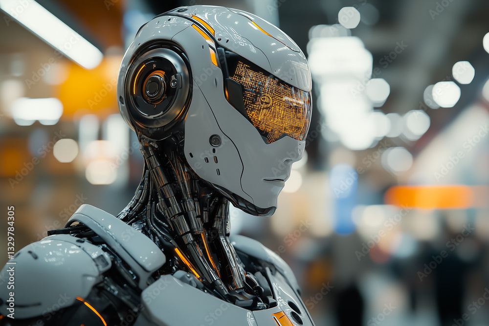 Fototapeta premium Close Up Of A Gray And Orange Futuristic Robot Head