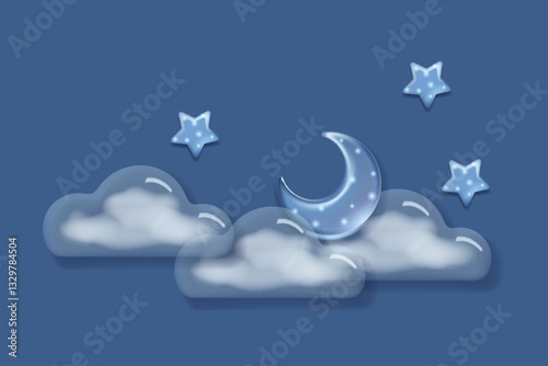 3D glass clouds, crescent moon and stars on night sky background