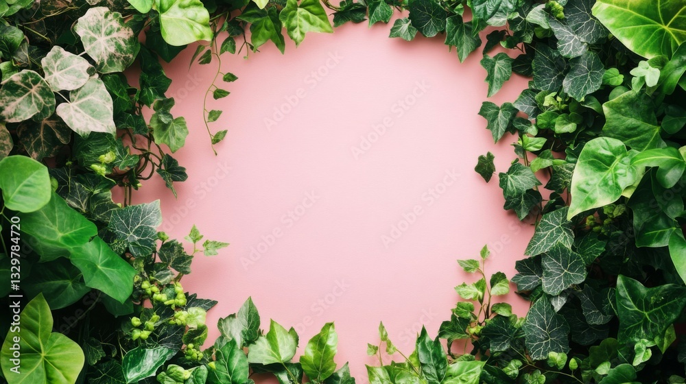 Fototapeta premium Green Leaves Frame on Pink Background