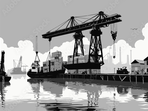 Vector illustration of a shipyard with cranes heavy machinery and equipment. Industrial Shipping Dock with Crane and Cargo Containers