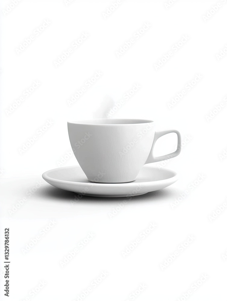 Obraz premium Hot beverage in white cup, saucer, studio, minimal background; website, menu