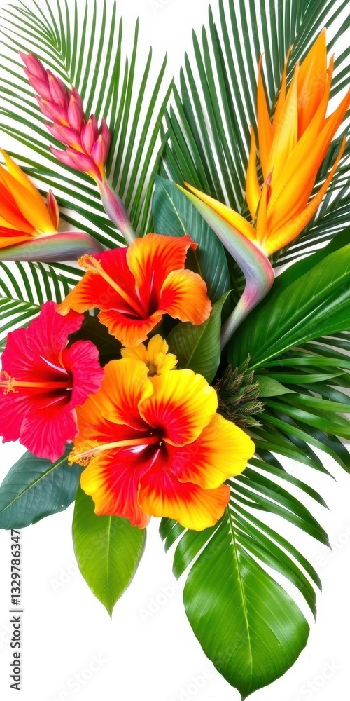 Naklejka premium An exotic and colorful tropical flower bouquet featuring hibiscus, birds of paradise, and lush palm leaves for a vibrant and