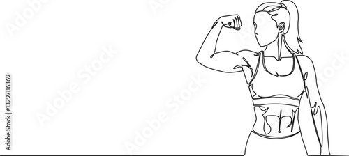 continuous single line drawing of fit woman flexing arm muscles, line art vector illustration