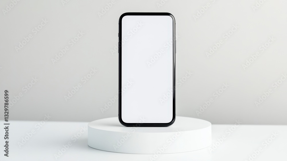 Black Smartphone with Blank White Screen on White Platform Black Smartphone with Blank White Screen on White Platform